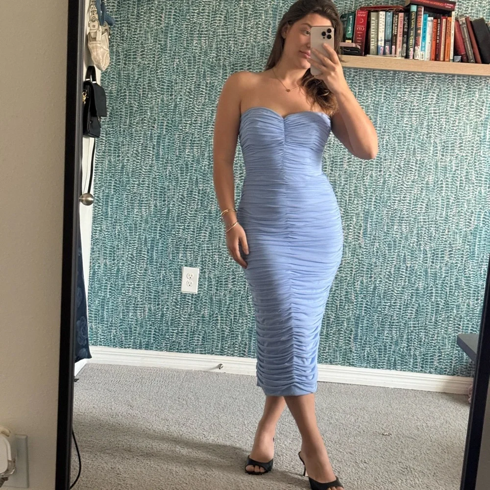 Dress the Population Heather Strapless Ruched Bodycon Midi Dress in size L NWT - Picture 2 of 5